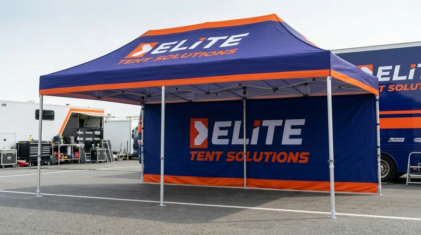 Custom branded 3x6m karting tent housing two karts and tools