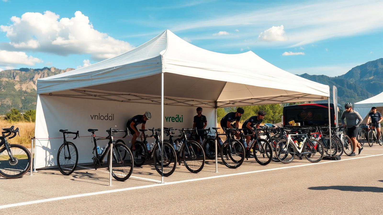 Cycling team service area folding canopy tent with road bikes lined up