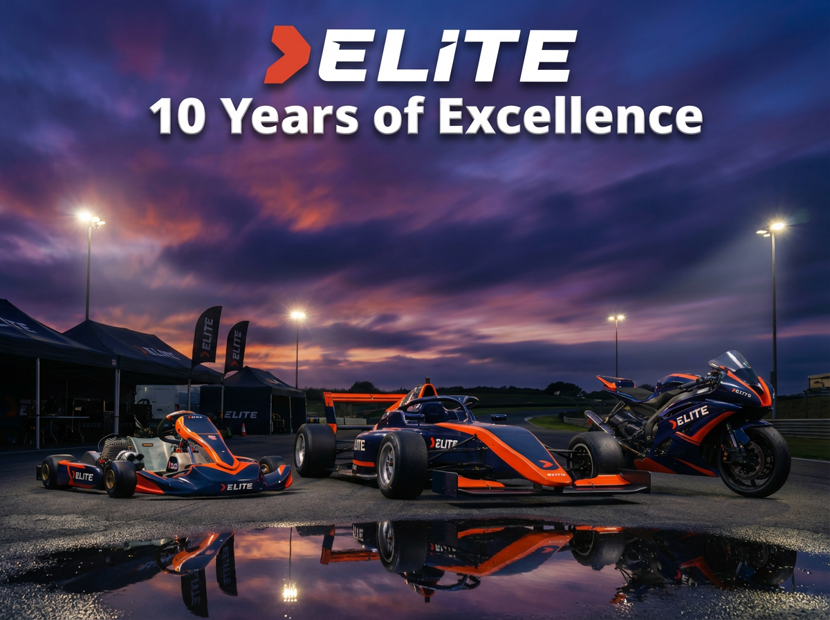 Elite Tent Solutions 10 years of excellence - branded motorsport canopy tents with go-kart, formula car, and motorcycle