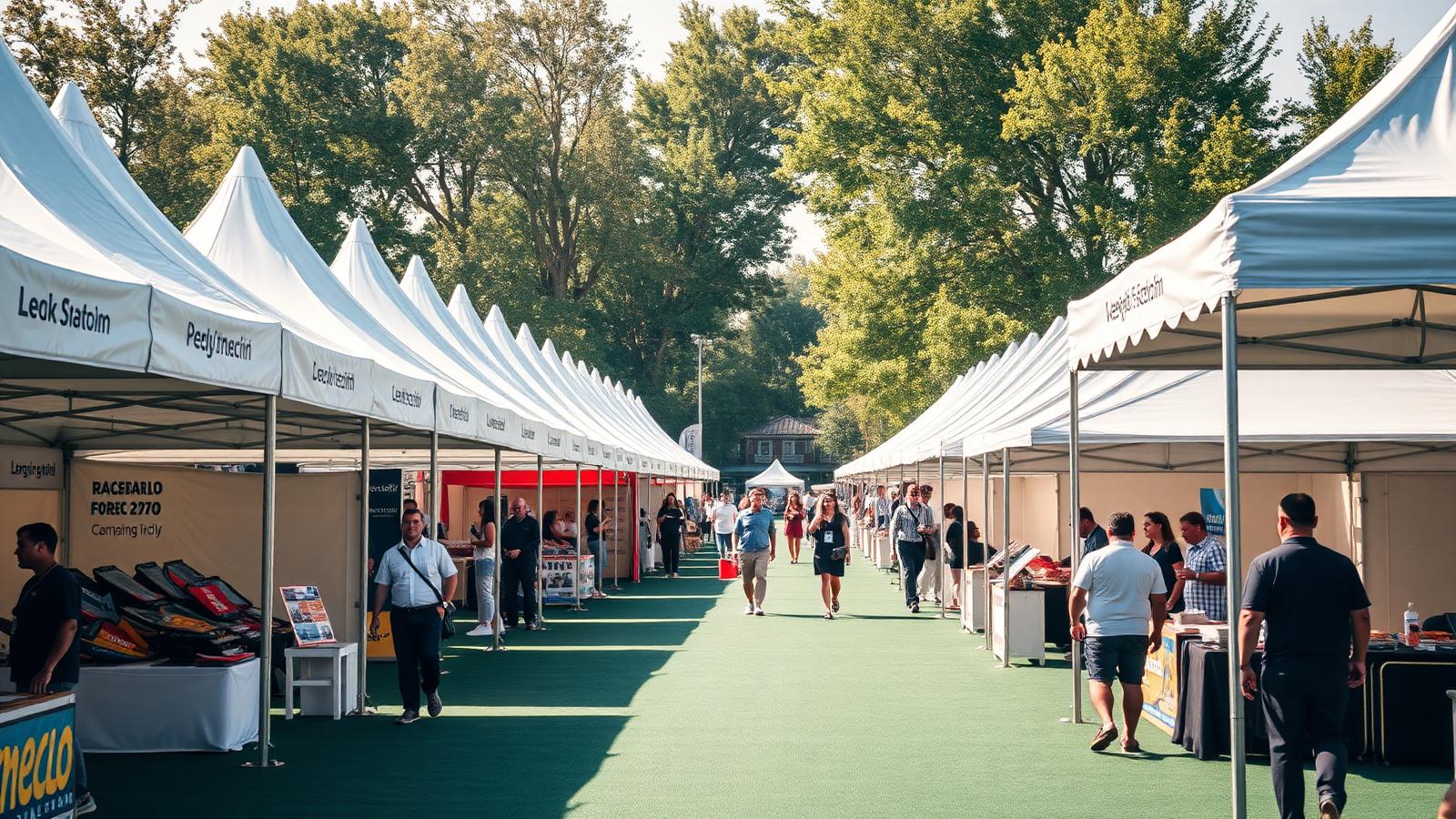 Row of branded folding canopy tents at an outdoor exhibition event