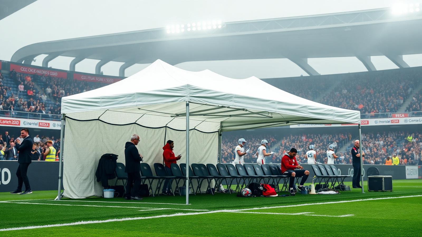 White folding canopy tent at a football pitch sideline acting as team dugout