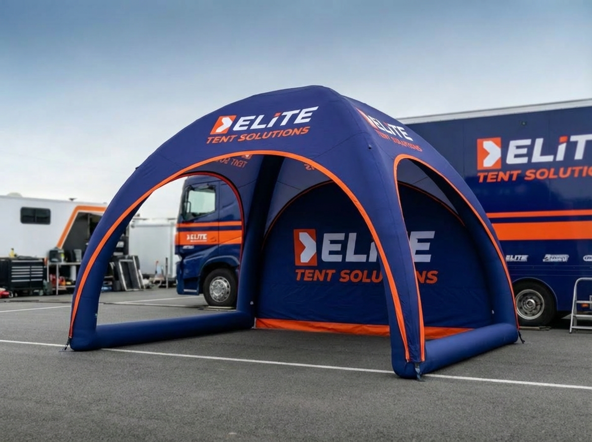 Custom branded inflatable shelter for sponsor activation at racing event