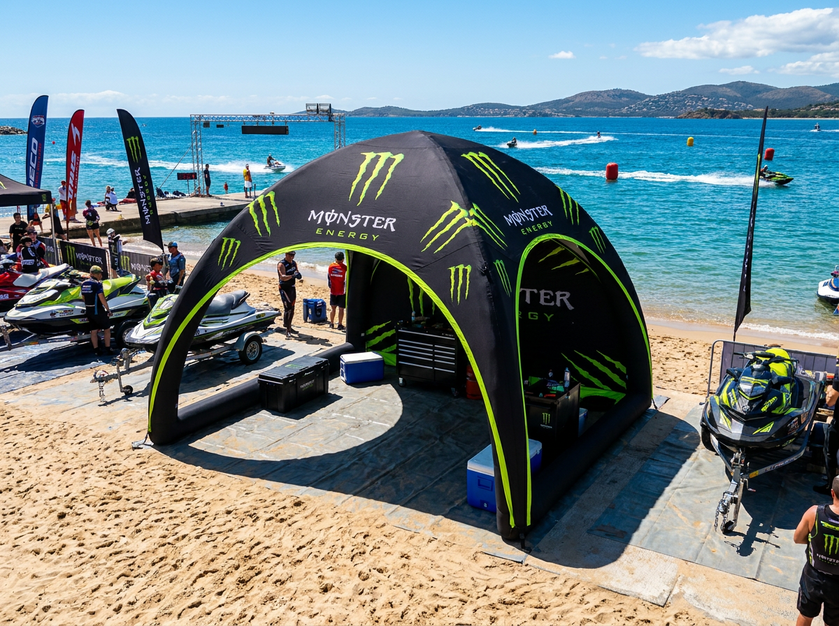 Monster Energy motocross pit setup with custom printed inflatable shelter