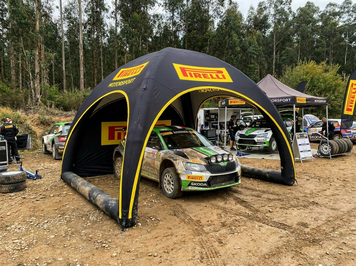 Pirelli branded inflatable tent in drag racing crew area