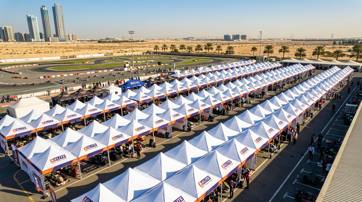 International motorsport championship event with multiple branded EliteTent canopies