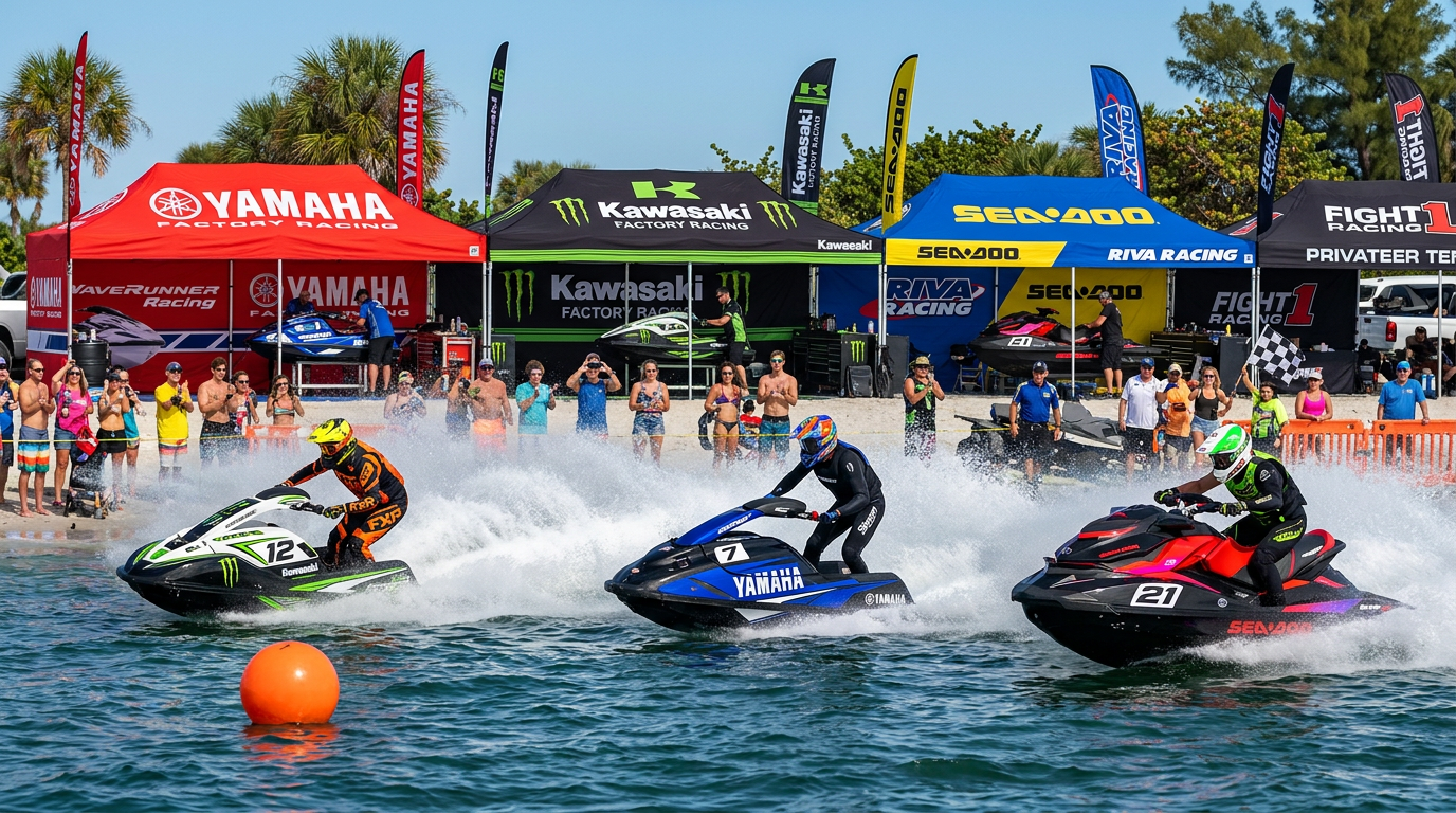Custom-printed jet ski and UIM Aquabike racing paddock tent at a waterfront venue with team branding