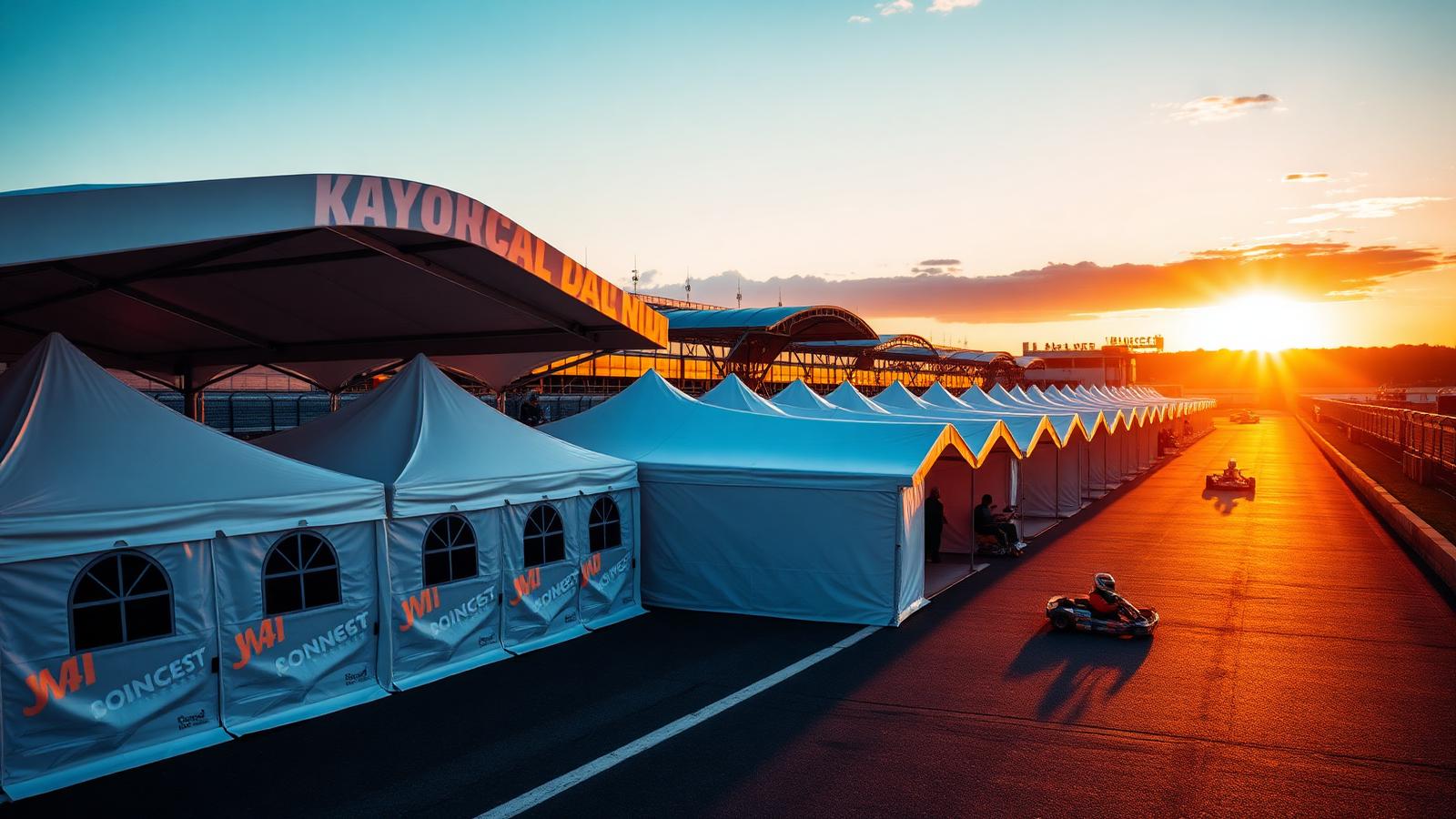 Custom-branded motorsport paddock tent at a karting circuit